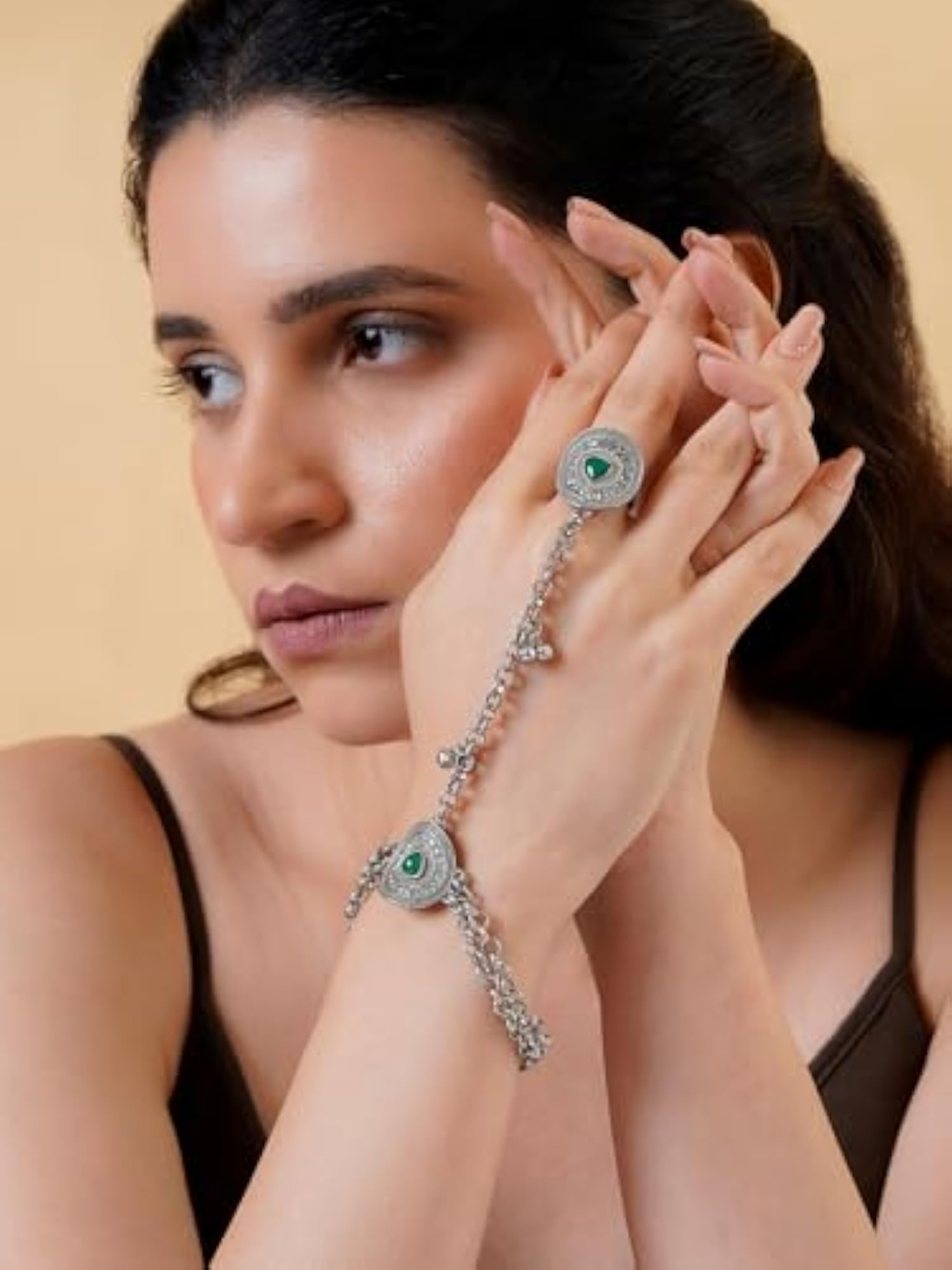 Akaaya Silver Green Hathphool Anklet, Traditional Charm